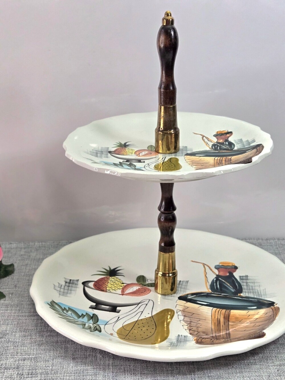 Vintage 1960s Enesco Counrty 2 Tier Centerpiece Tidbit Serving Plate Dish Tray